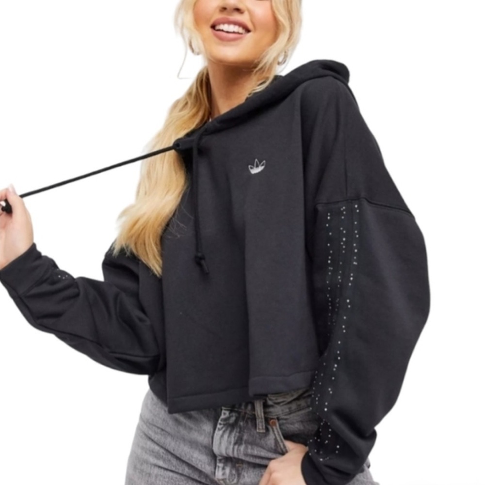 Adidas Cropped Black Hoodie w Triple Stripe Rhinestone Embellished Sleeves XS